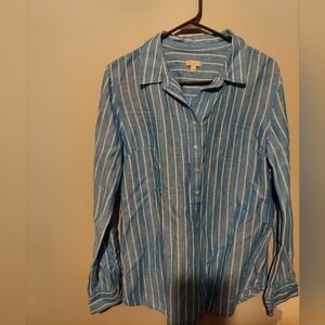 Talbots Linen Blend Popover Top Roll Sleeve Blue White Striped M Beachy Coastal
